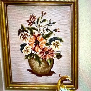 Vintage 1970 FiberArt Needlepoint Flowers in a Vase Frame included